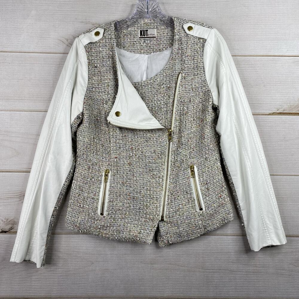 Kut From the Kloth Jacket Women M Mixed Media Tweed Zip Up Pockets Vegan Leather